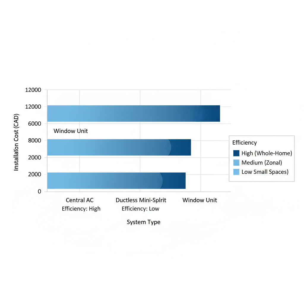 Horizontal bar chart comparing installation costs and efficiency of Central AC, Ductless Mini-Split, and Window Unit systems for Calgary homes