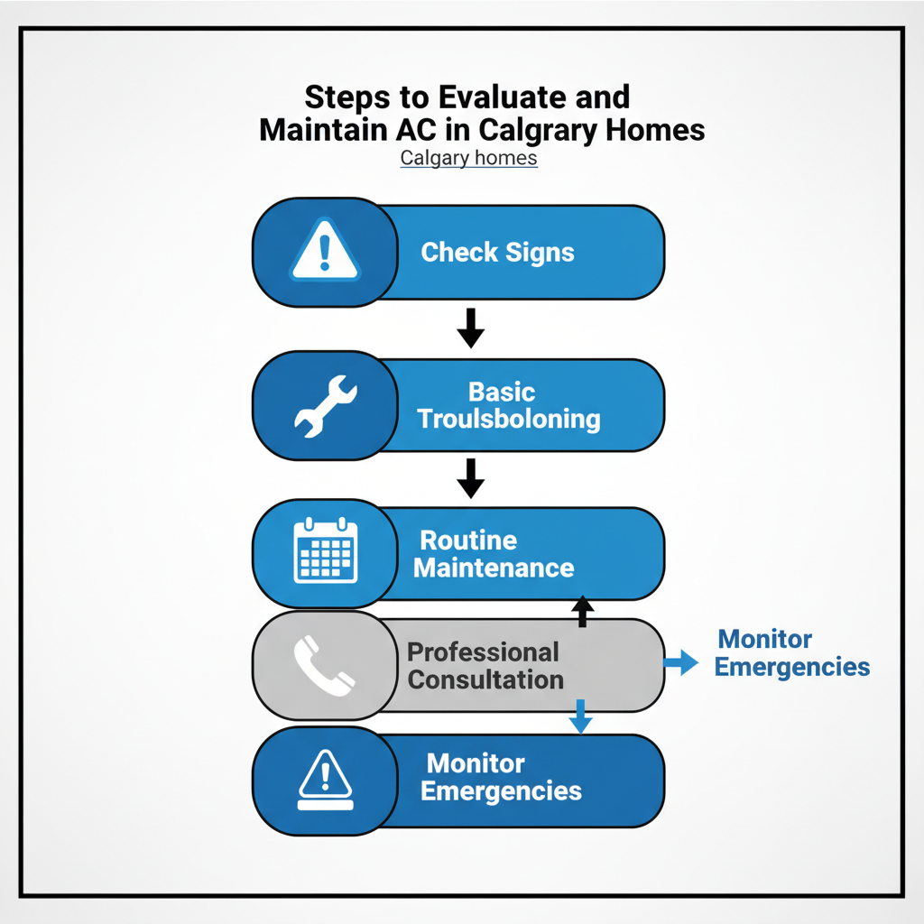 Vertical process flow diagram showing five steps for AC evaluation and maintenance with icons and labels.