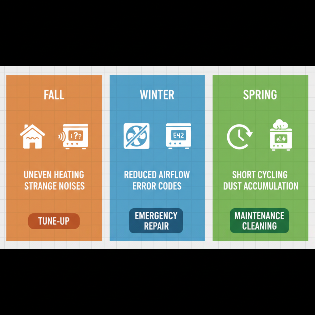 Infographic depicting seasonal furnace problems and maintenance advice for Airdrie residents with icons and brief labels.