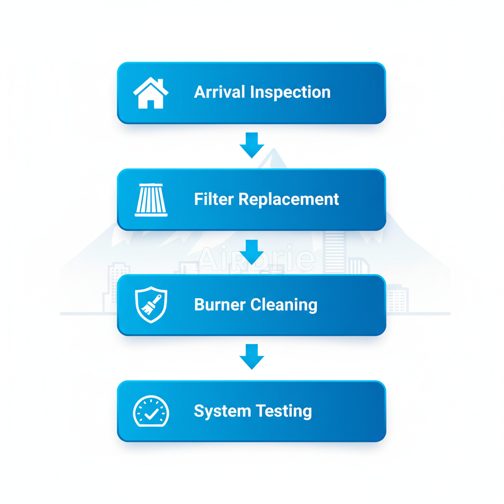 Vertical process flow diagram illustrating the five stages of a standard furnace service visit in Airdrie with icons and labels.