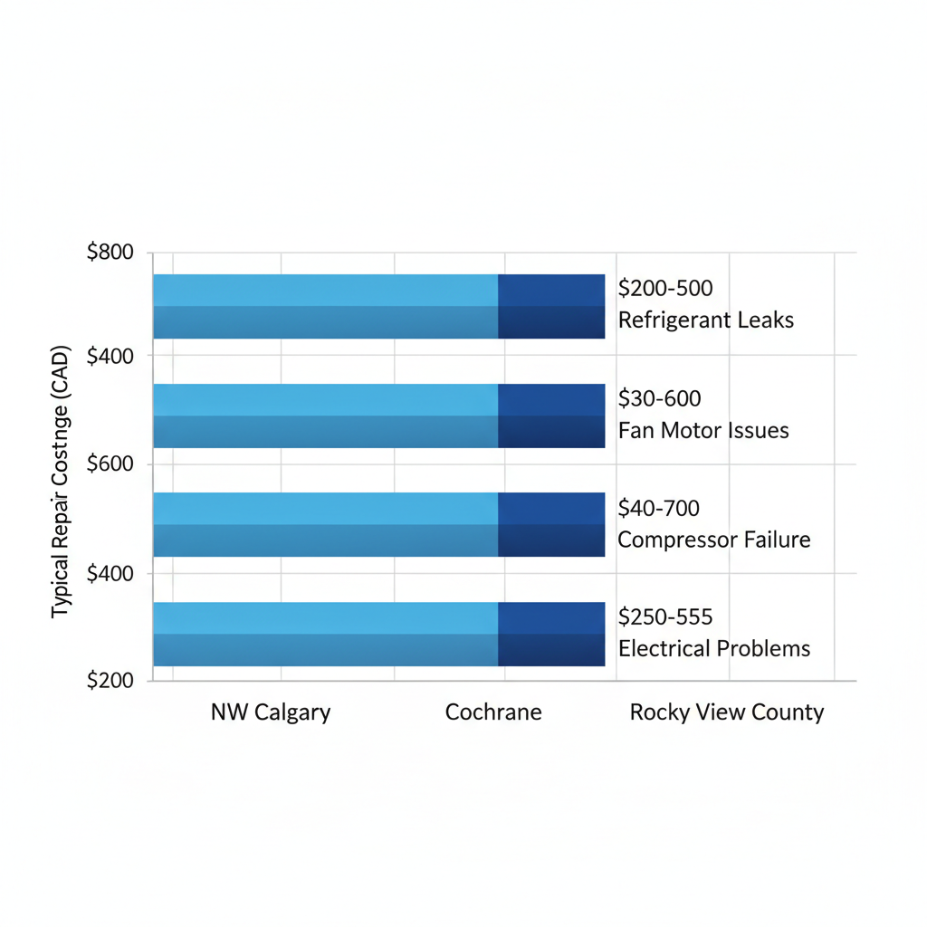 Horizontal bar chart showing AC repair cost ranges by Calgary neighborhood with blue gradient bars and issue labels.