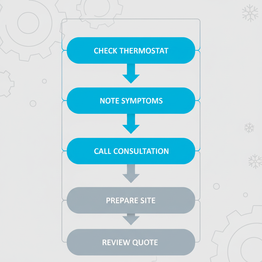 Vertical process flow diagram showing five steps for AC repair in Calgary: checking thermostat, noting symptoms, calling for consultation, preparing site, and reviewing quote.