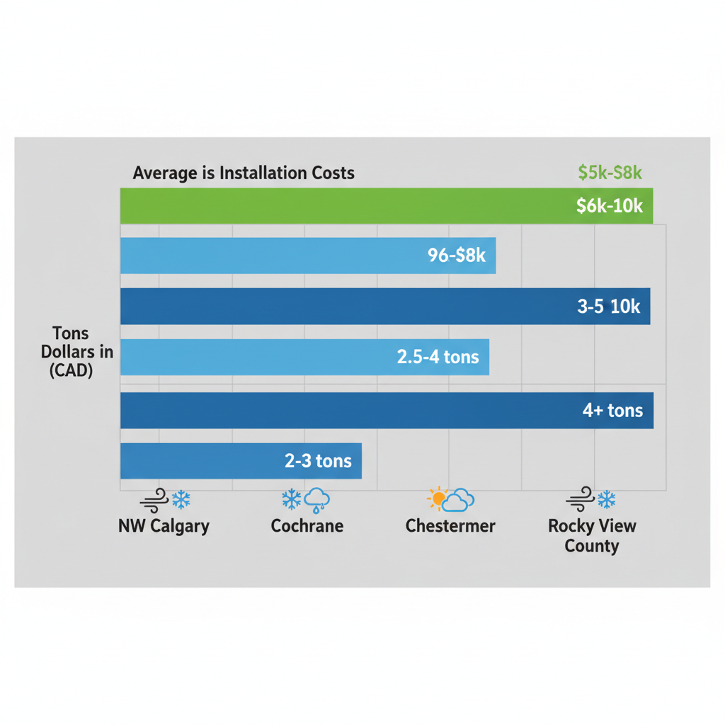 Horizontal bar chart of recommended AC system sizes and installation costs by Calgary area