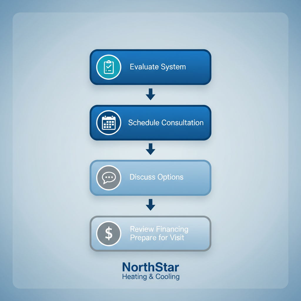 Vertical process flow illustrating five steps to initiate AC service: evaluate system with checklist, schedule consultation with calendar, discuss options with speech bubble, review financing with dollar sign, and prepare for visit with tools icons.