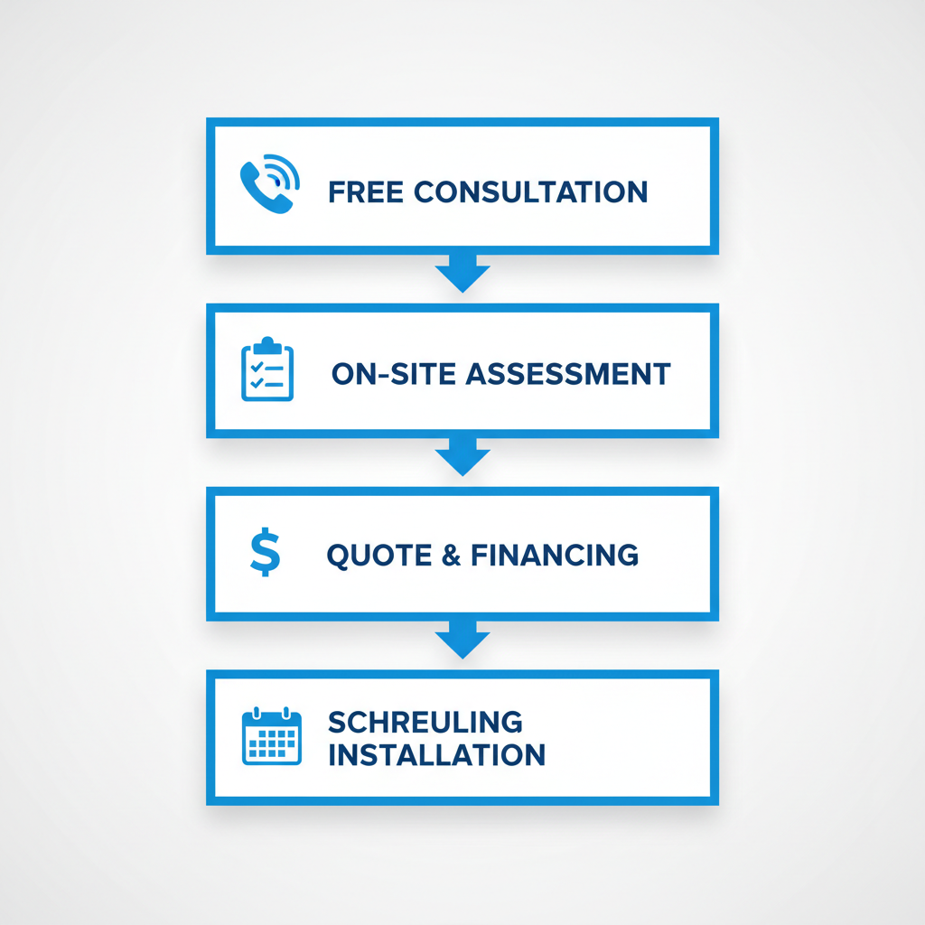 Vertical process flow diagram showing four steps to start an HVAC project: consultation, assessment, quote review, and scheduling.
