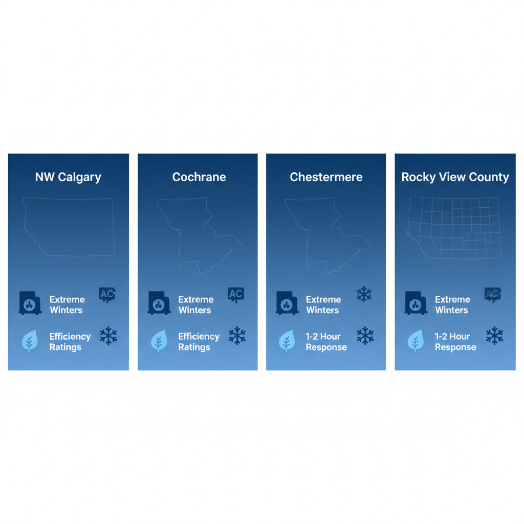 Infographic comparing HVAC service areas in NW Calgary, Cochrane, Chestermere, and Rocky View County with icons and climate challenges.