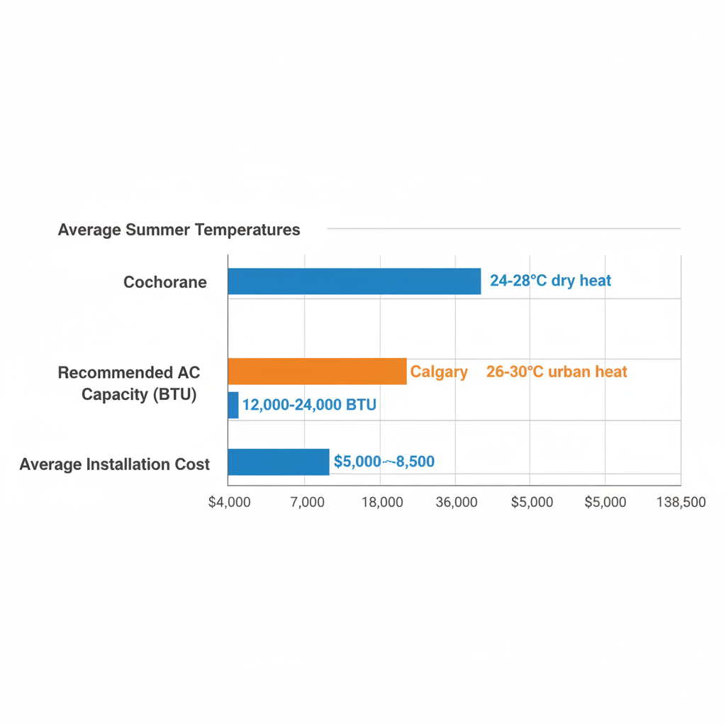 Horizontal bar chart comparing average summer temperatures, recommended AC capacity in BTU, and average installation costs for air conditioning between Cochrane in blue and Calgary in orange.