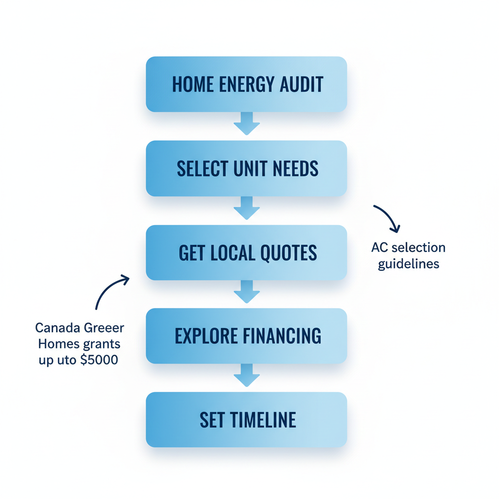 Vertical process flow diagram illustrating five key steps to begin an AC installation project in Cochrane, from energy audit to timeline setting