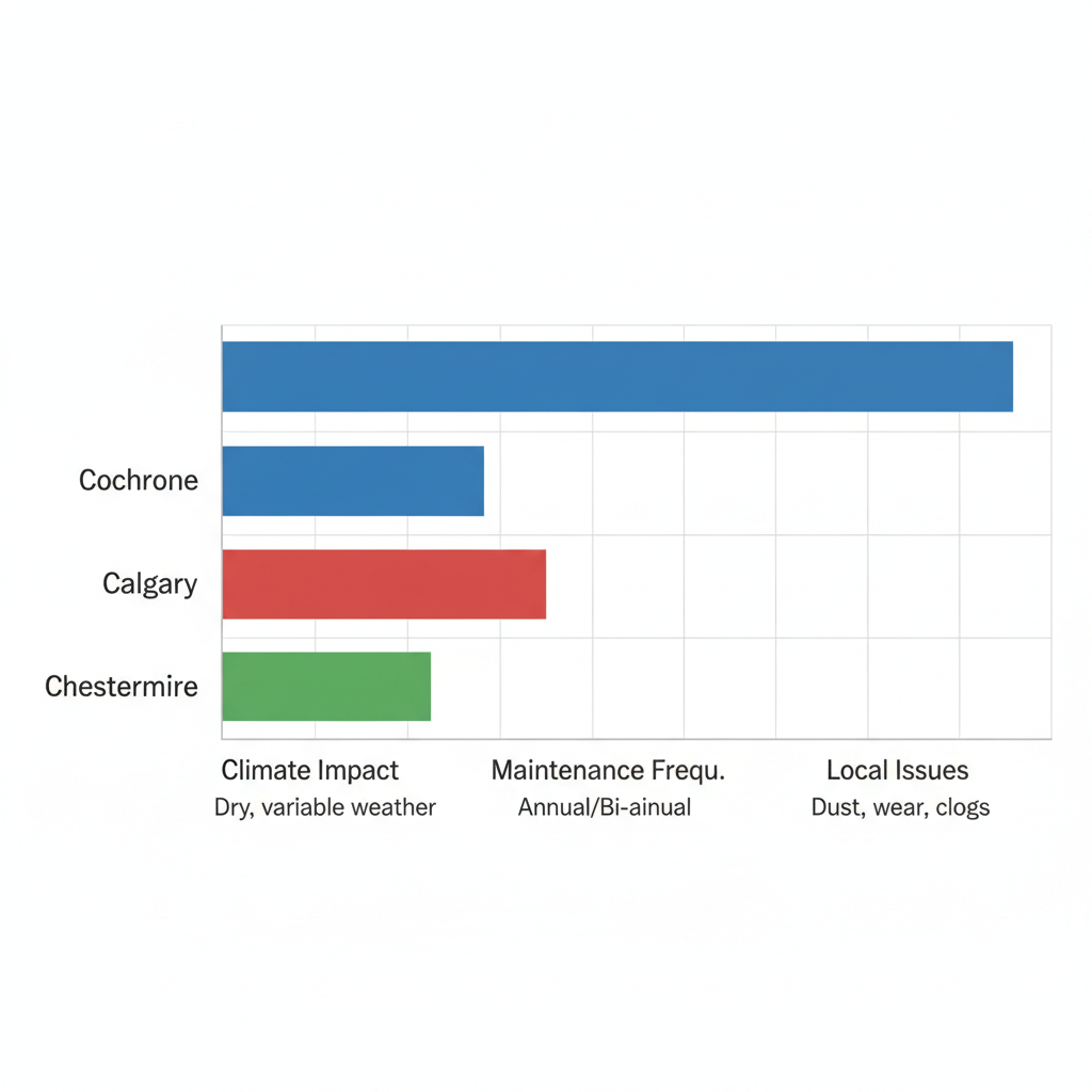 Horizontal bar chart comparing AC maintenance aspects in Cochrane, Calgary, and Chestermere