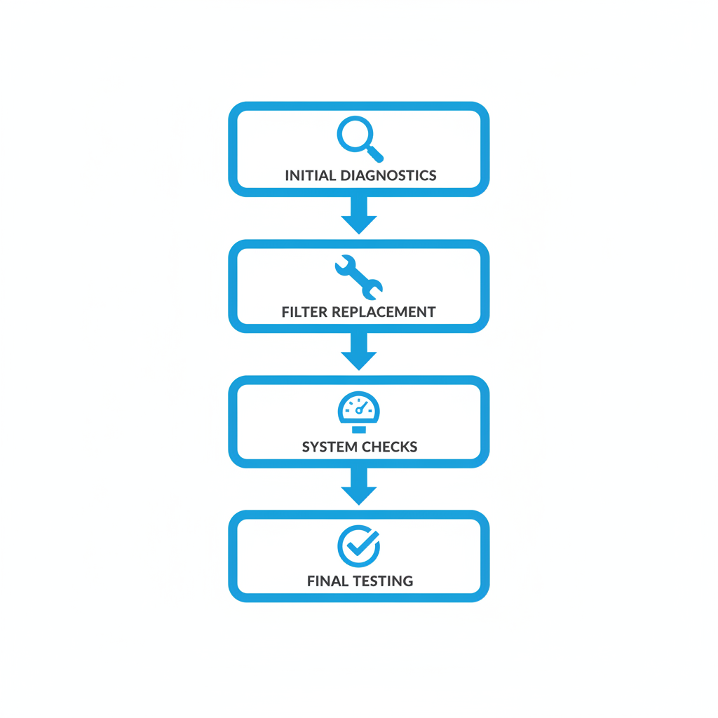 Vertical process flow diagram showing four steps of a professional AC tune-up: diagnostics, filter replacement, system checks, and final testing with icons.