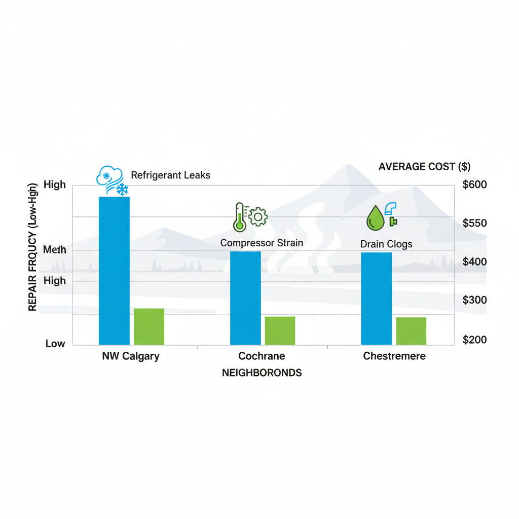 Horizontal bar chart showing AC repair frequency and costs across Calgary neighborhoods: NW Calgary, Cochrane, and Chestermere, with icons for specific issues.