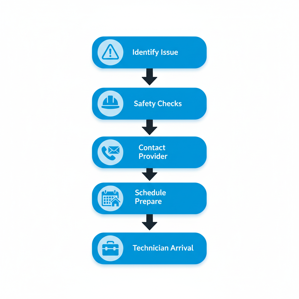 Vertical diagram showing five steps to start AC repair in Calgary: identify issue, safety checks, contact provider, schedule and prepare, technician arrival.
