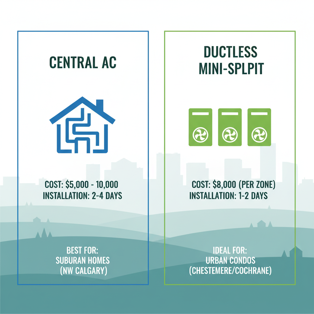 Infographic comparing central AC and ductless mini-split systems for Calgary homes, showing costs, installation times, and suitability.
