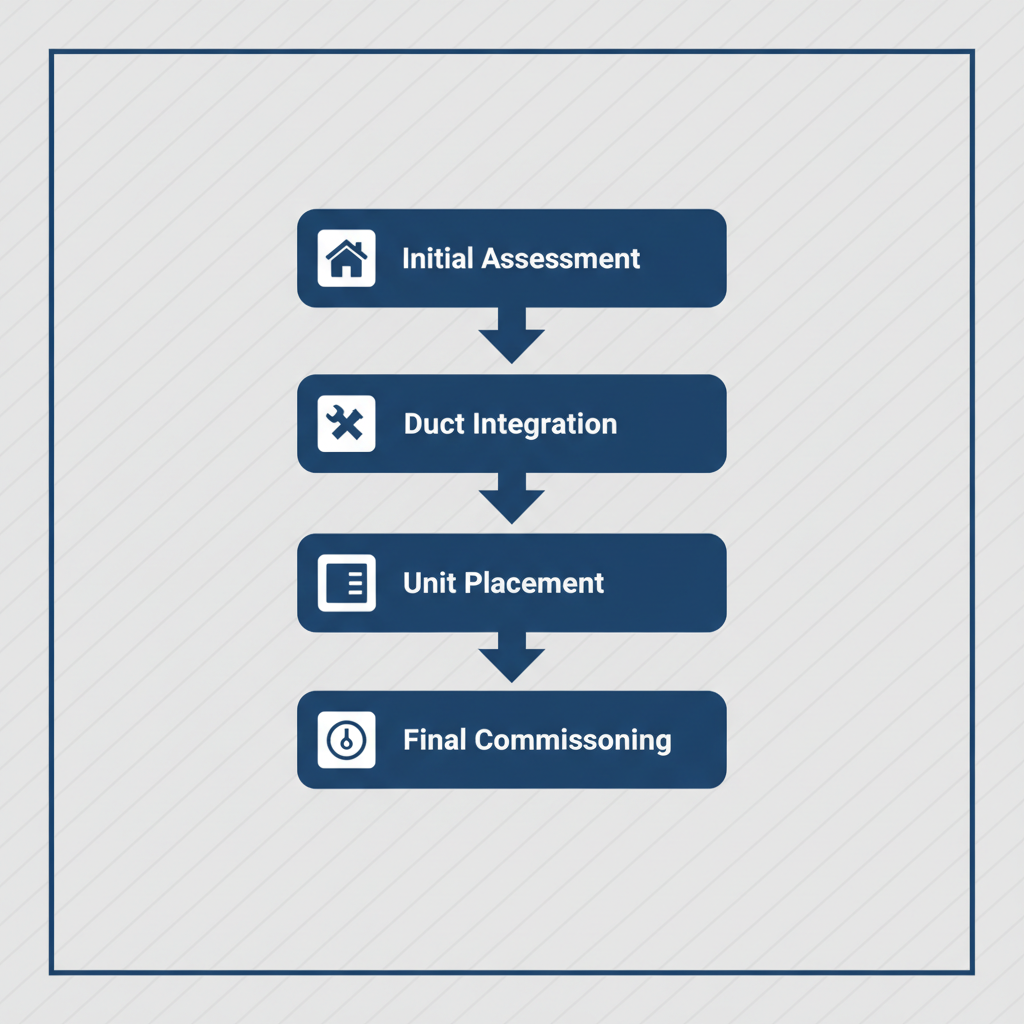 Vertical diagram illustrating five stages of central AC installation in Calgary: initial assessment, duct integration, unit placement, indoor connections, and final commissioning