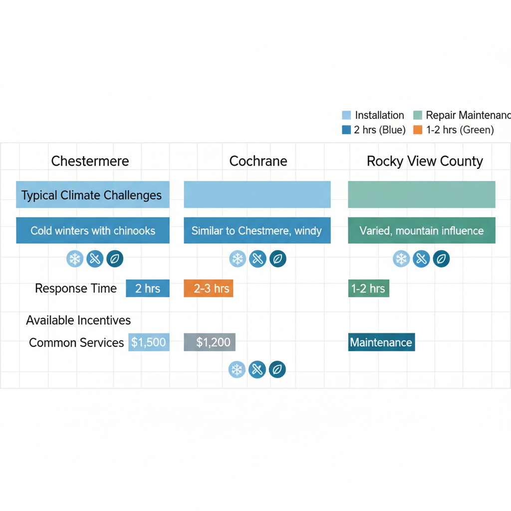 Horizontal bar chart comparing HVAC service aspects including climate challenges, response times, incentives, and common services for Chestermere, Cochrane, and Rocky View County.