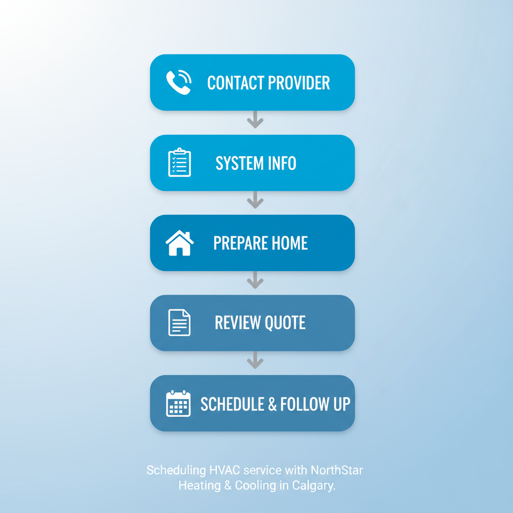 Vertical process flow diagram illustrating the five steps to schedule HVAC service with icons and labels