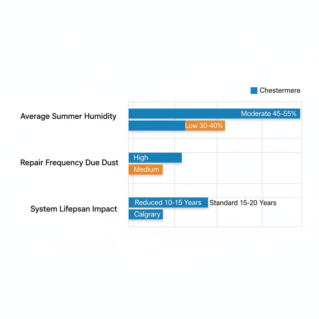 Horizontal bar chart comparing AC performance factors between Chestermere and Calgary, showing humidity, repair frequency, and lifespan impacts.