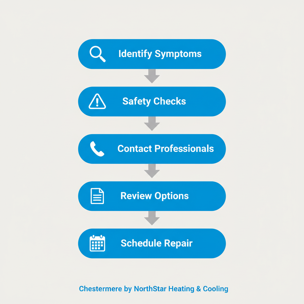 Vertical process flow illustrating five steps to address AC issues in Chestermere, including identification, safety, contact, options review, and scheduling with icons and arrows.