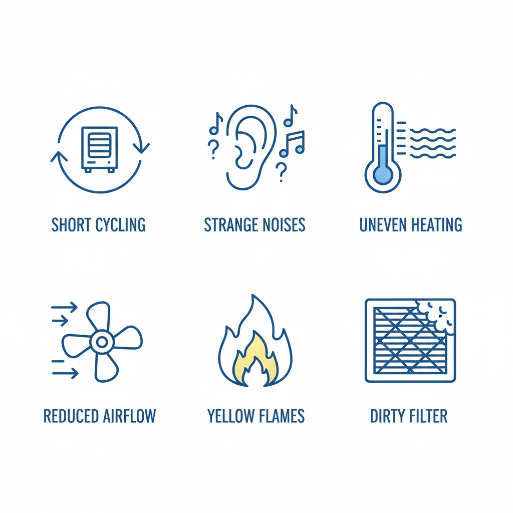 Grid of icons showing common signs of furnace issues including short cycling, noises, uneven heating, reduced airflow, yellow flames, and dirty filter.
