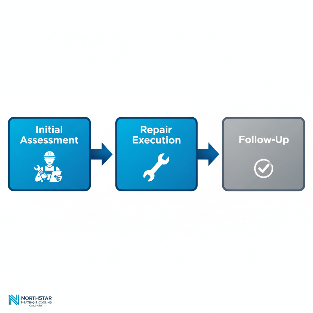 Horizontal process flow diagram illustrating the three stages of furnace repair: initial assessment, repair execution, and follow-up, with icons and connecting arrows.