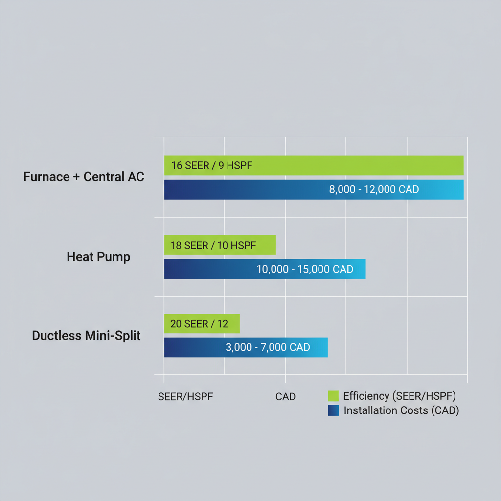 Horizontal bar chart comparing efficiency ratings and installation costs of three HVAC systems suitable for Airdrie's climate