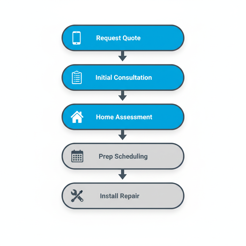 Vertical process flow diagram illustrating five steps to begin HVAC improvements in Airdrie, featuring icons for each stage.
