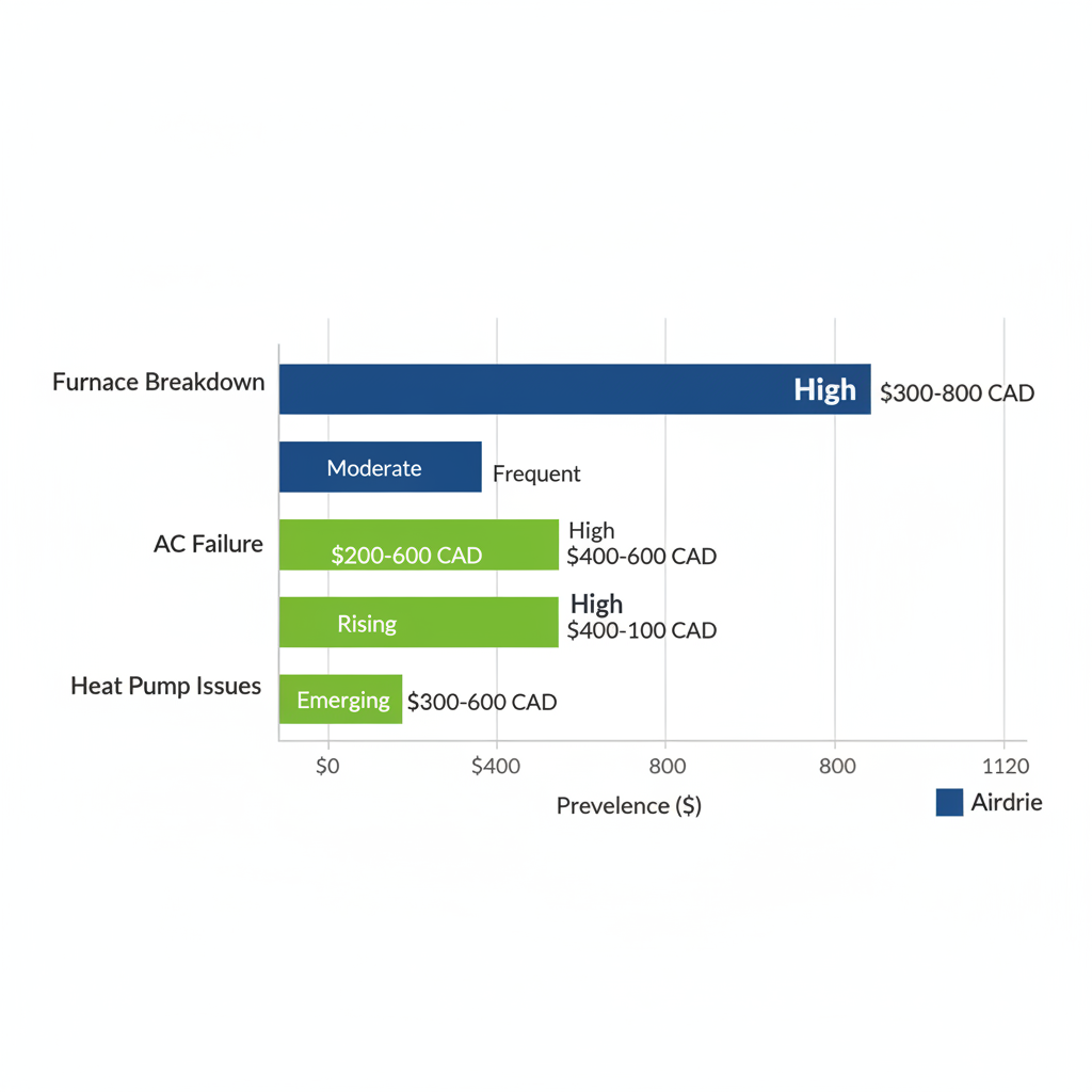 Horizontal bar chart comparing common HVAC issues like furnace breakdown, AC failure, and heat pump problems in Airdrie versus Calgary, showing prevalence levels and repair costs in CAD.