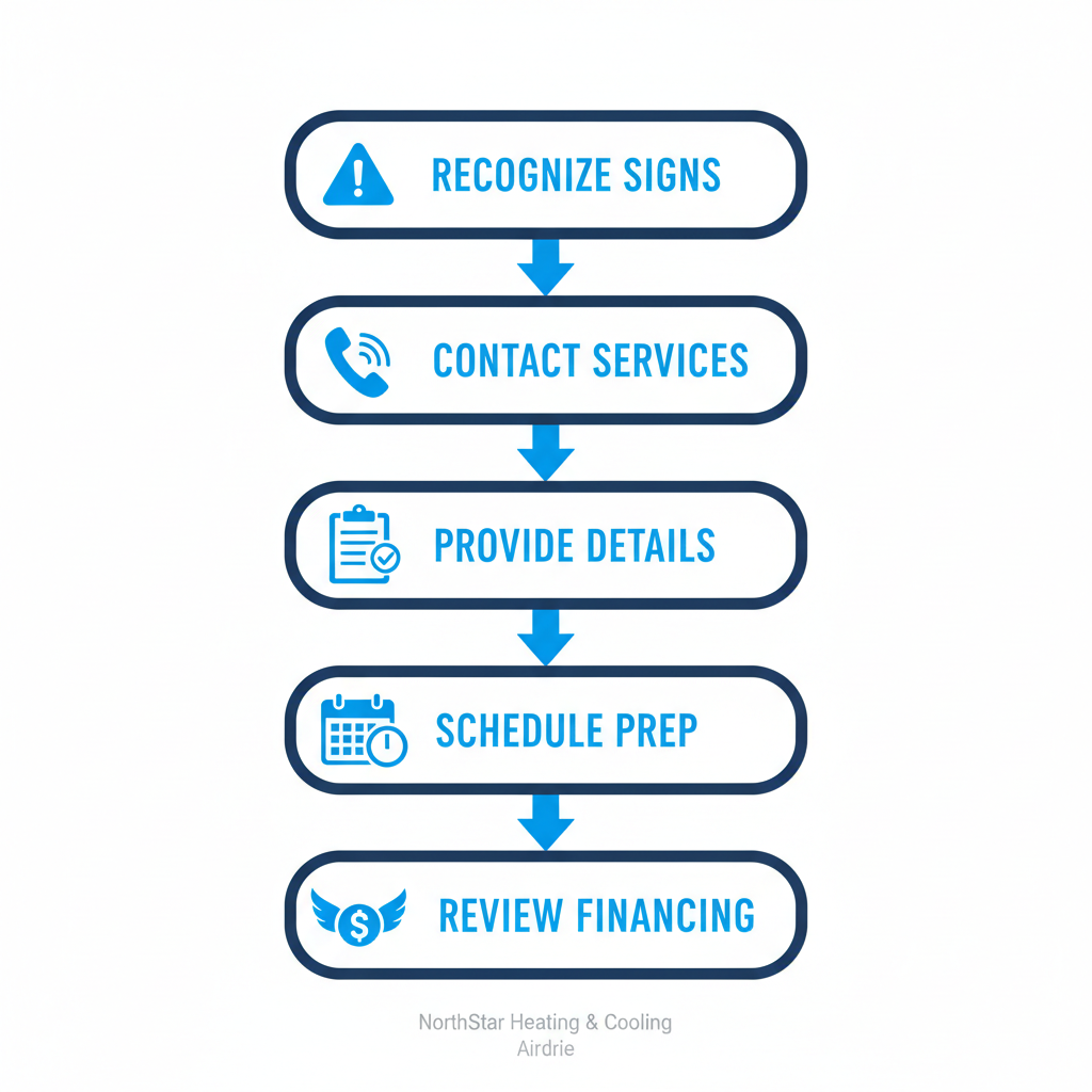 Vertical process flow diagram showing five steps to address HVAC repair needs, from recognizing signs to reviewing financing options.