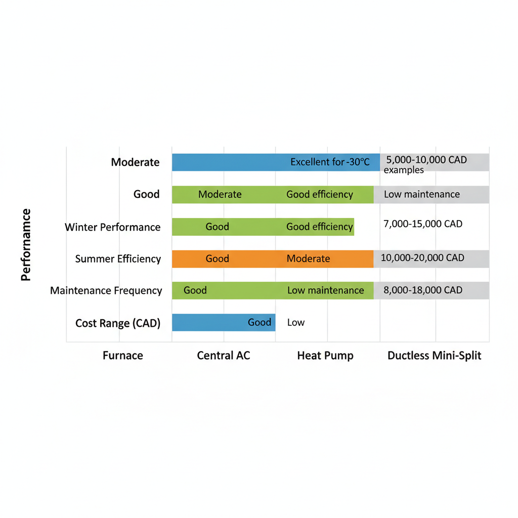Horizontal bar chart showing performance of four HVAC systems suited to Airdrie's winter and summer climate conditions.