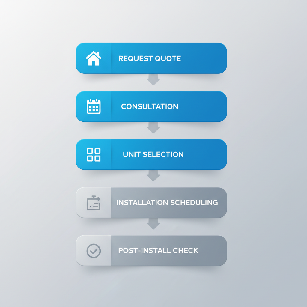 Vertical process flow diagram showing five steps to start HVAC services in Airdrie: request quote, consultation, unit selection, installation scheduling, and post-install check.