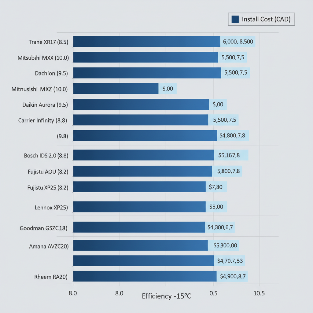 Bar chart comparing efficiency ratings and installation costs of top heat pump models for Calgary's cold climate.