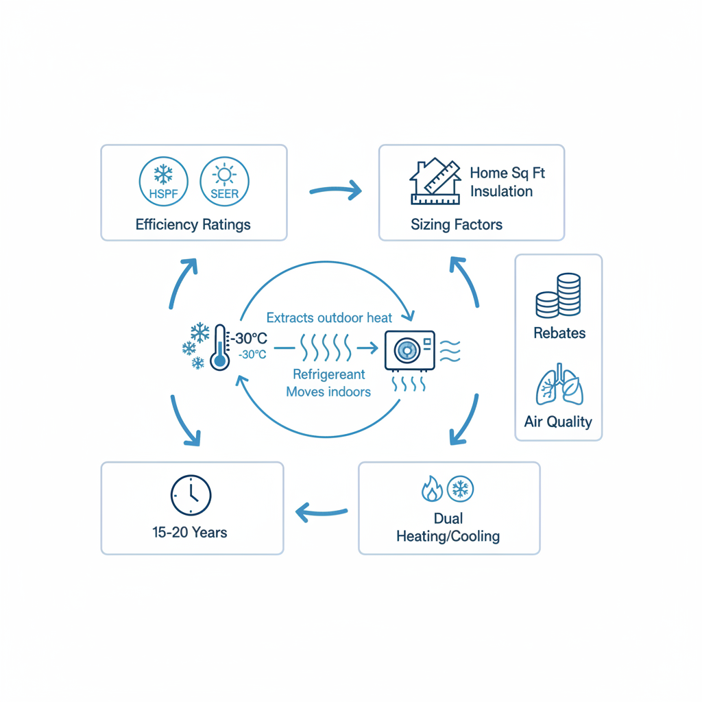 Infographic illustrating heat pump selection essentials for Calgary's harsh winters, featuring heat transfer, efficiency, sizing, lifespan, and benefits.