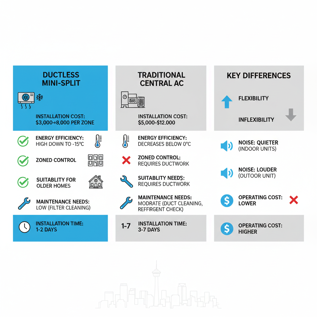 Infographic comparing ductless mini-split AC and traditional central AC systems for Calgary homes, highlighting costs, efficiency, and installation differences.