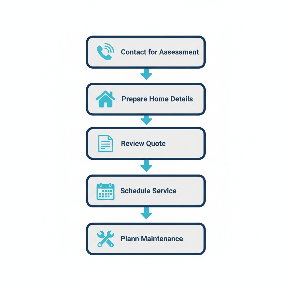 Vertical process flow diagram illustrating the six steps to obtain ductless AC service in Calgary