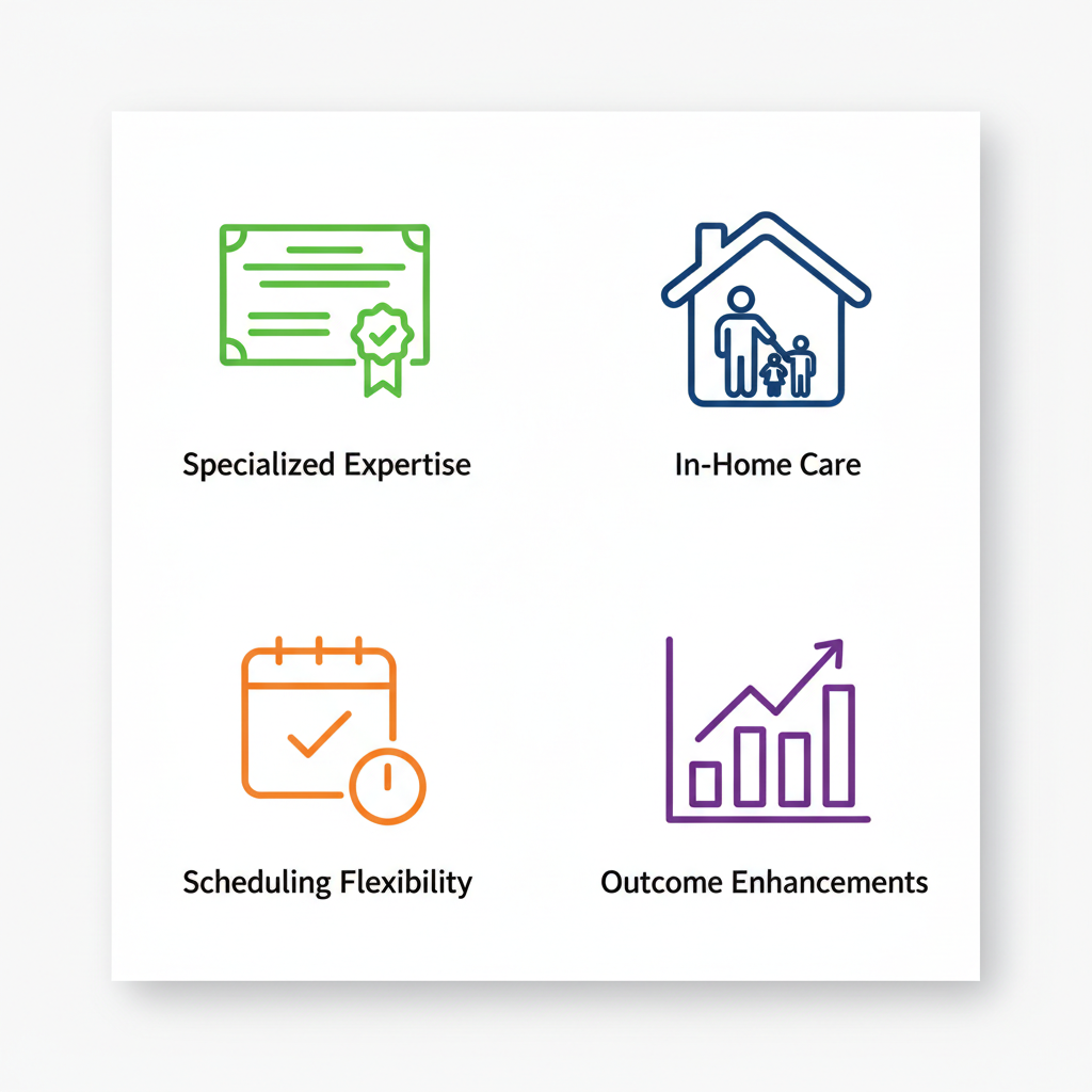 Grid of four icons illustrating benefits of out-of-network ABA therapy: specialized expertise, in-home care, scheduling flexibility, and long-term outcomes.