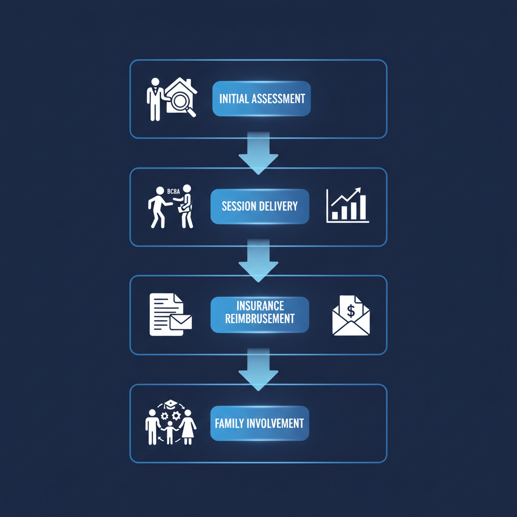 Vertical process flow diagram illustrating the four stages of out-of-network ABA therapy provided by Golden Touch ABA Therapy.