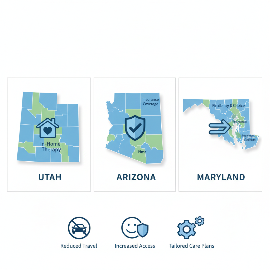 Infographic showing ABA therapy coverage in Utah, Arizona, and Maryland with state maps and service icons