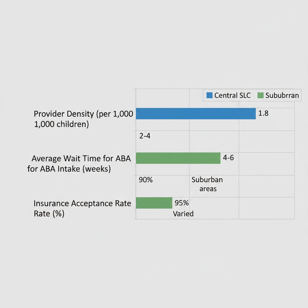 Horizontal bar chart comparing autism therapy access metrics between Central SLC and suburban areas in Salt Lake City, including provider density, wait times, coverage, and insurance acceptance.