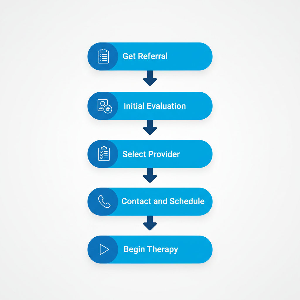 Vertical process flow diagram illustrating the five steps to start ABA therapy for autism, including referral, evaluation, provider selection, scheduling, and therapy sessions with icons.