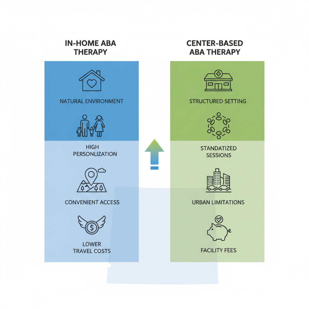 Infographic visually comparing benefits of in-home versus center-based ABA therapy services in Utah