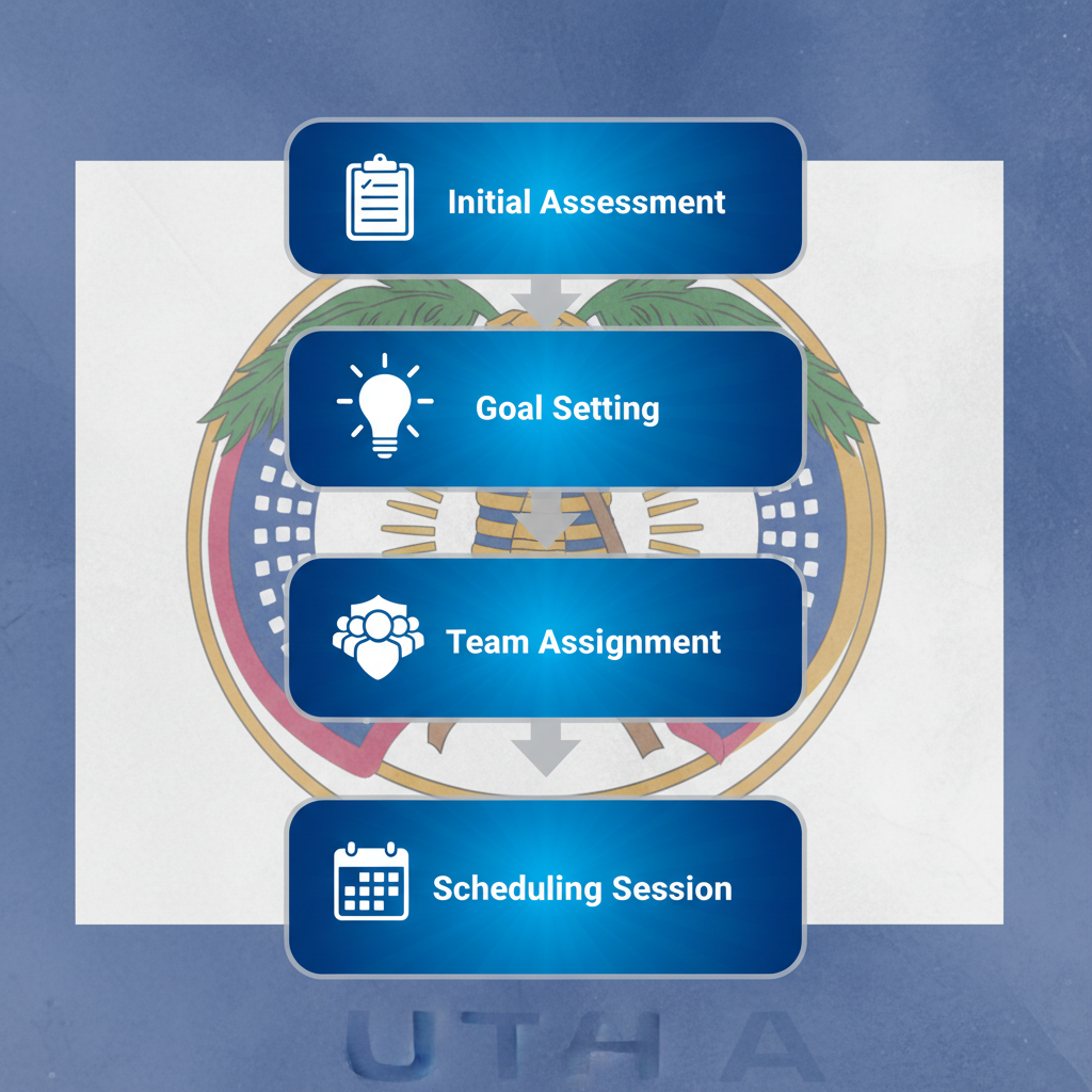 Vertical process flow diagram illustrating five steps to start in-home ABA therapy in Utah with icons and labels.