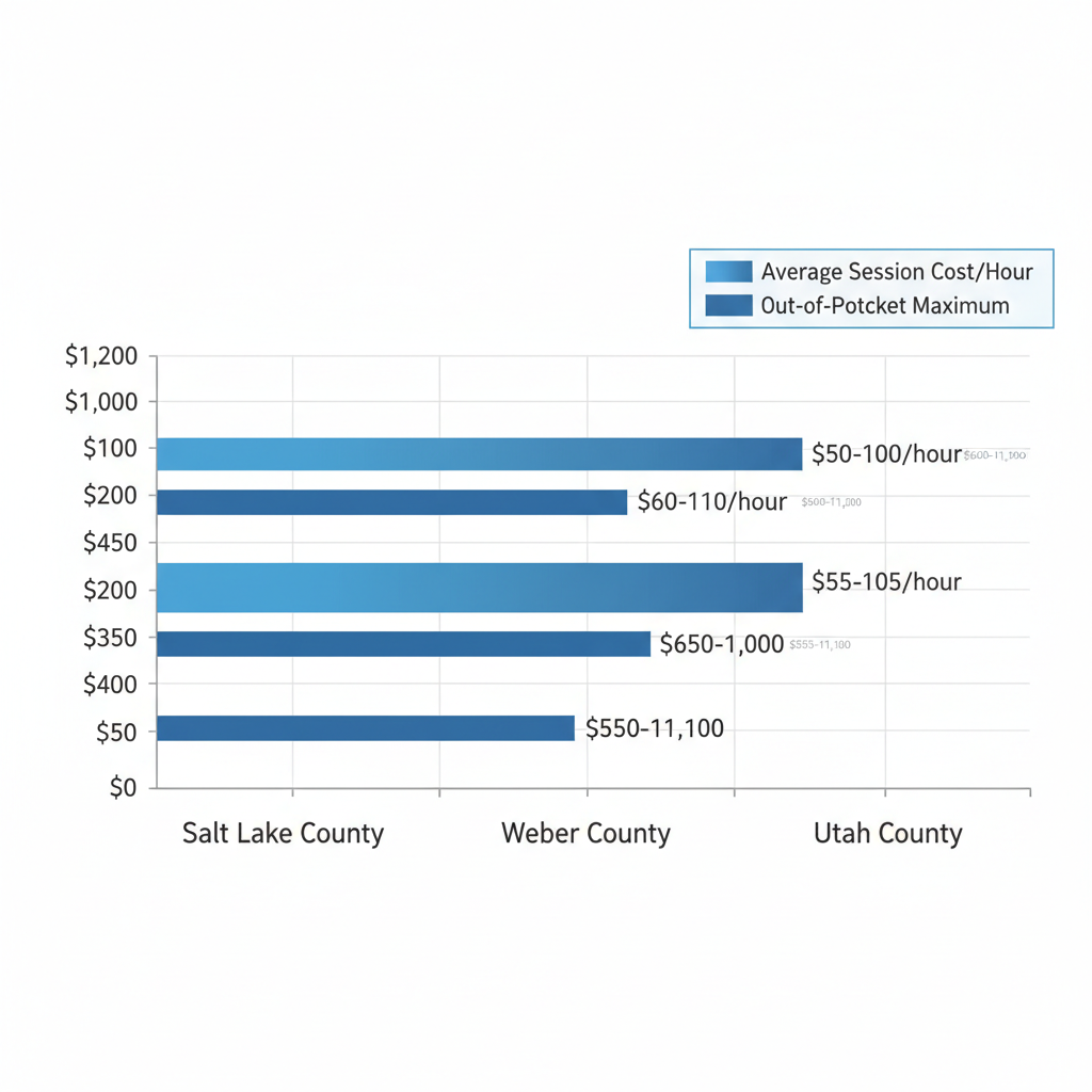 Horizontal bar chart comparing ABA therapy session costs and out-of-pocket maximums across Salt Lake, Weber, and Utah Counties in Utah.