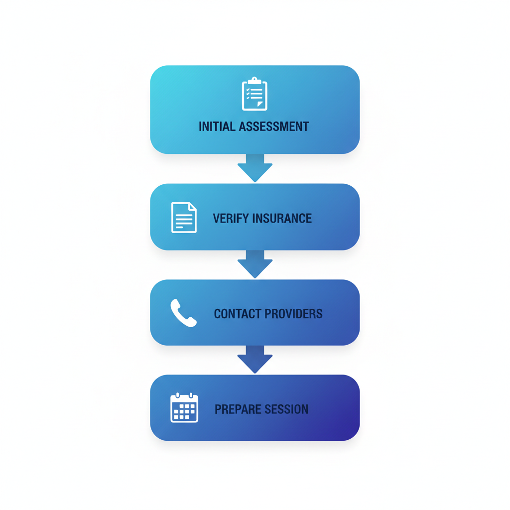 Vertical process flow diagram showing four steps to start ABA therapy in Utah: initial assessment, verify insurance, contact providers, prepare for first session.