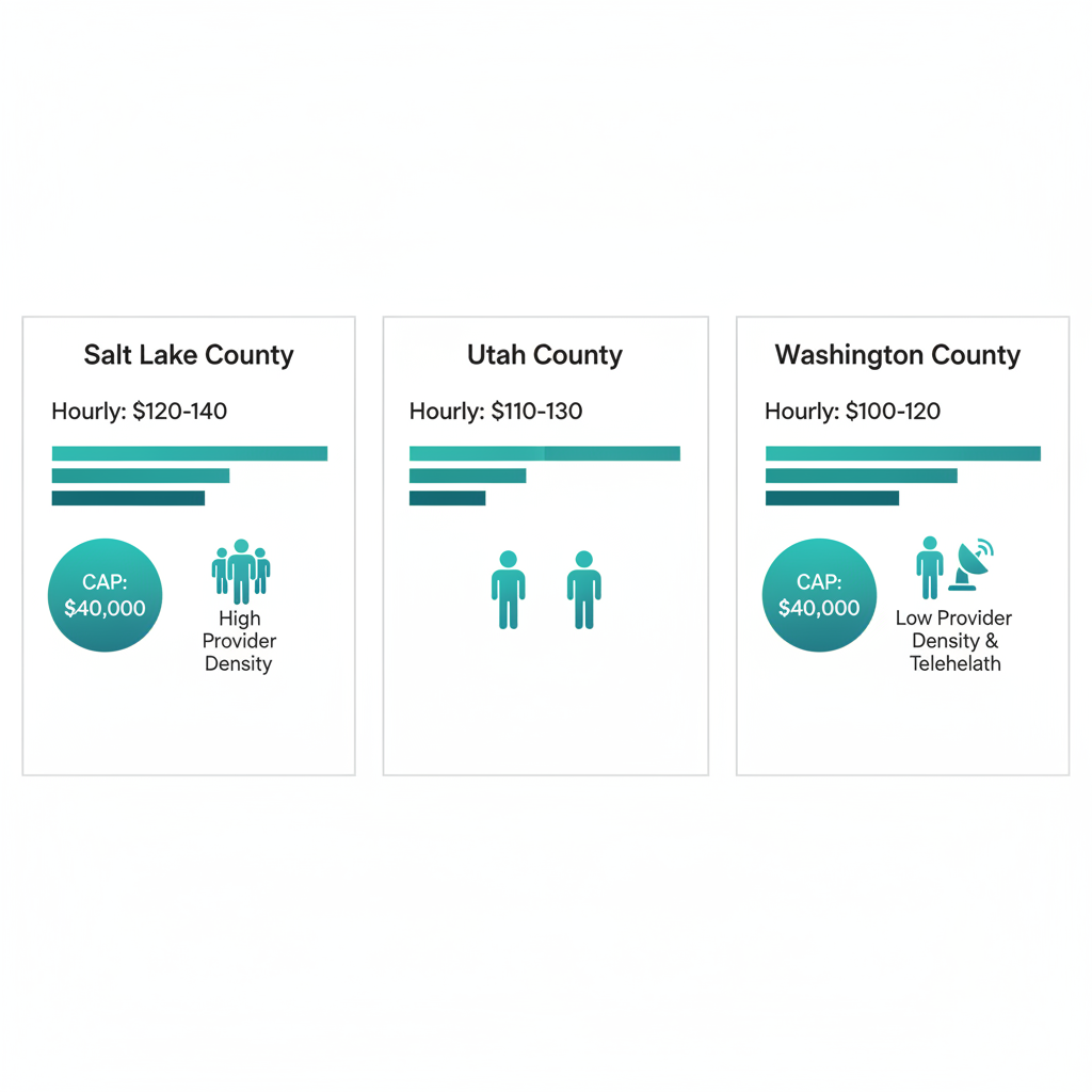 Infographic comparing ABA therapy costs in Salt Lake, Utah, and Washington Counties with rates, caps, and density icons.