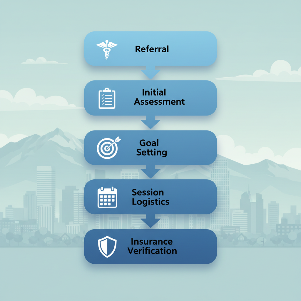 Vertical process flow diagram illustrating five steps to start ABA therapy: referral, assessment, goal setting, session logistics, and insurance verification with icons.