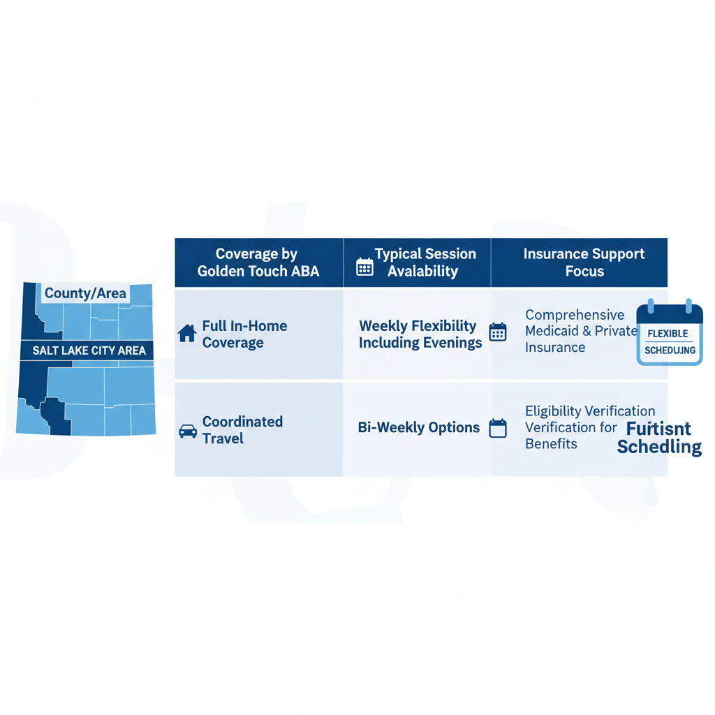 Infographic comparing ABA therapy coverage, session availability, and insurance support in Salt Lake and Davis Counties by Golden Touch ABA.