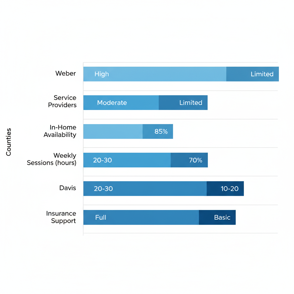 Horizontal bar chart comparing ABA therapy coverage metrics across Weber, Davis, and Morgan counties in Ogden area
