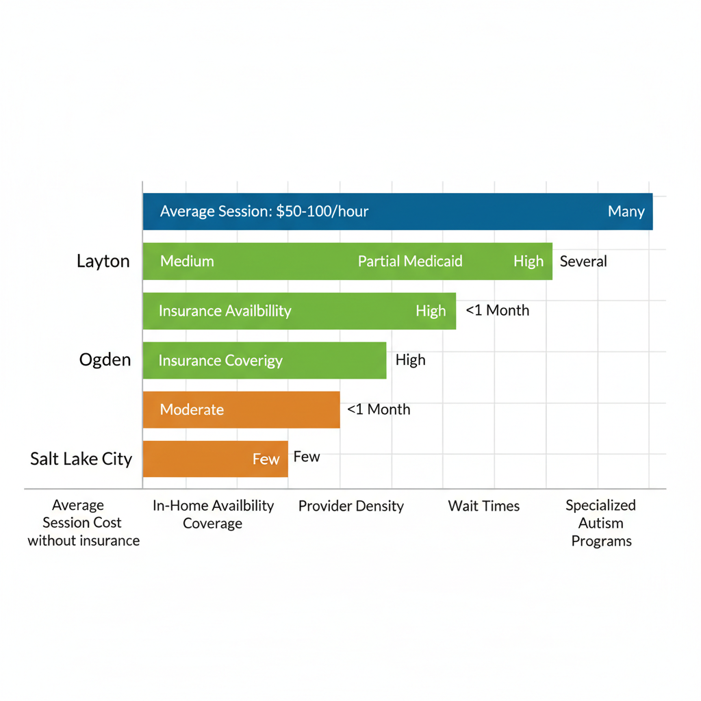 Horizontal bar chart comparing ABA therapy aspects like cost, availability, and coverage across Layton, Ogden, and Salt Lake City in Utah