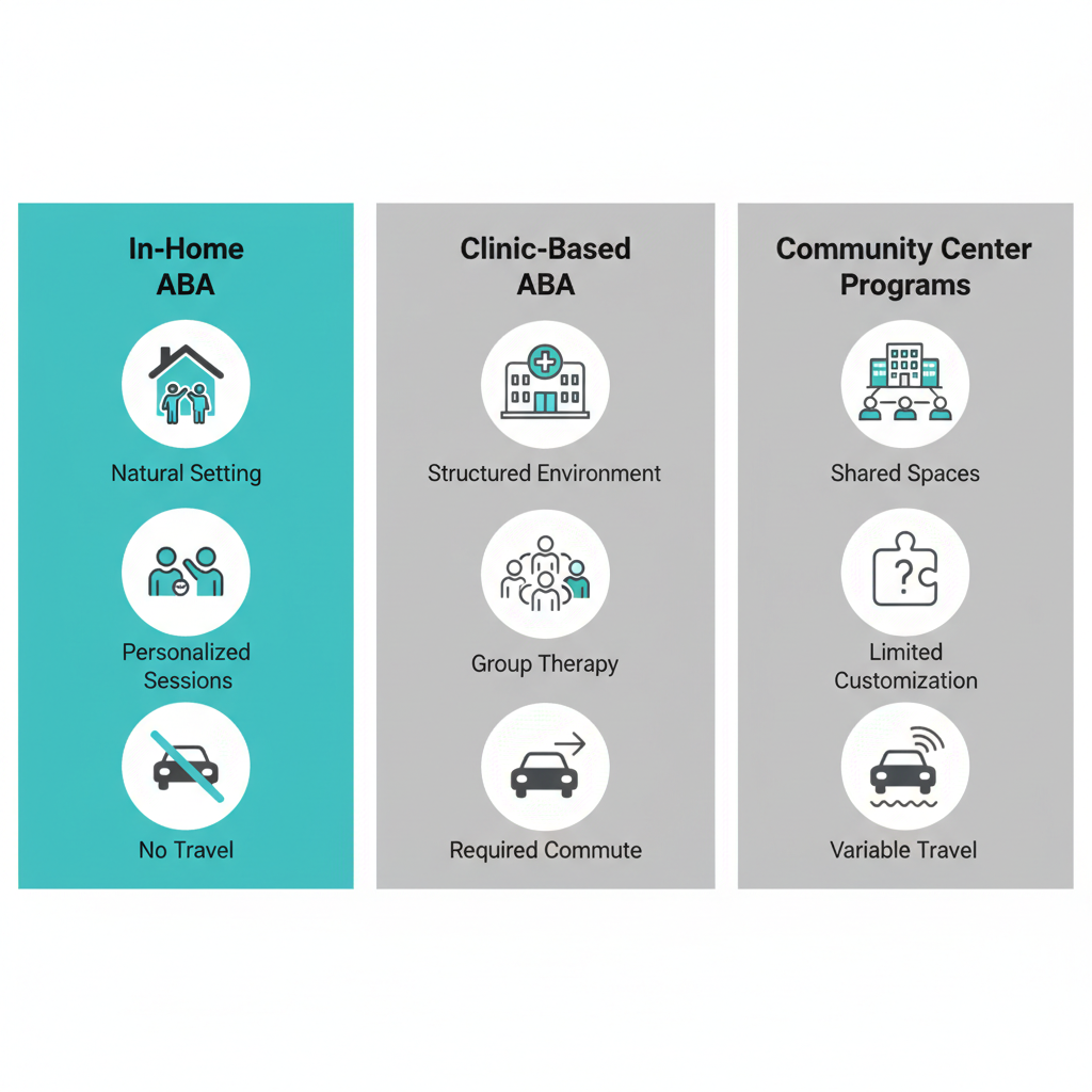 Infographic comparing in-home, clinic-based, and community center ABA therapy options in Ogden, Utah