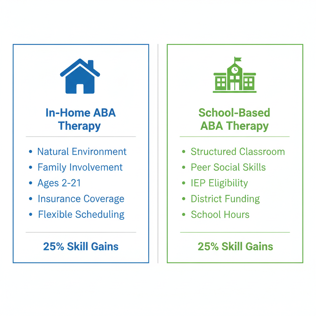 Infographic comparing in-home and school-based ABA therapy options in Layton, Utah, highlighting key benefits and effectiveness.